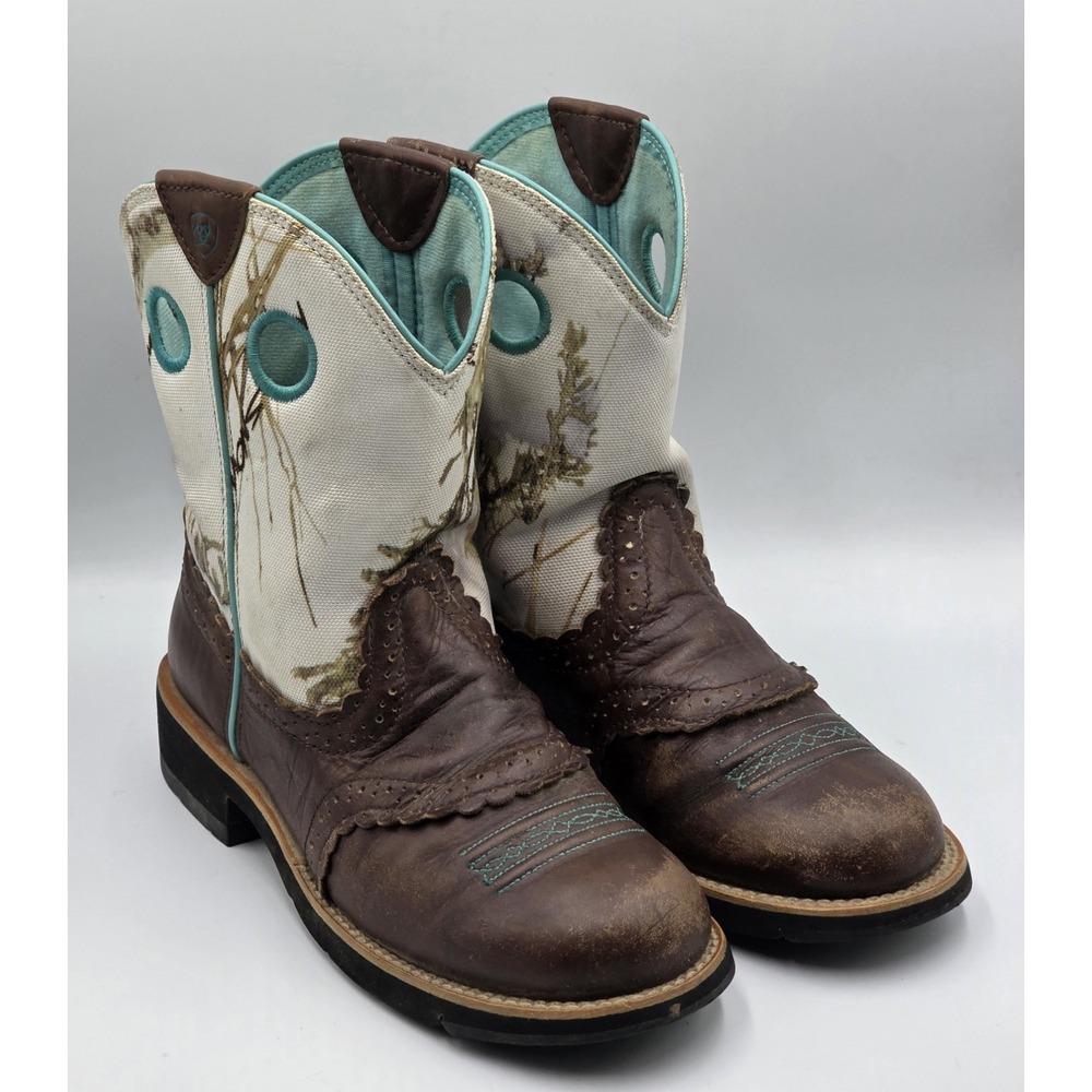 ARIAT Fatbaby Heritage Mossy Oak Boots 7B Brown White Turquoise Leather Roper